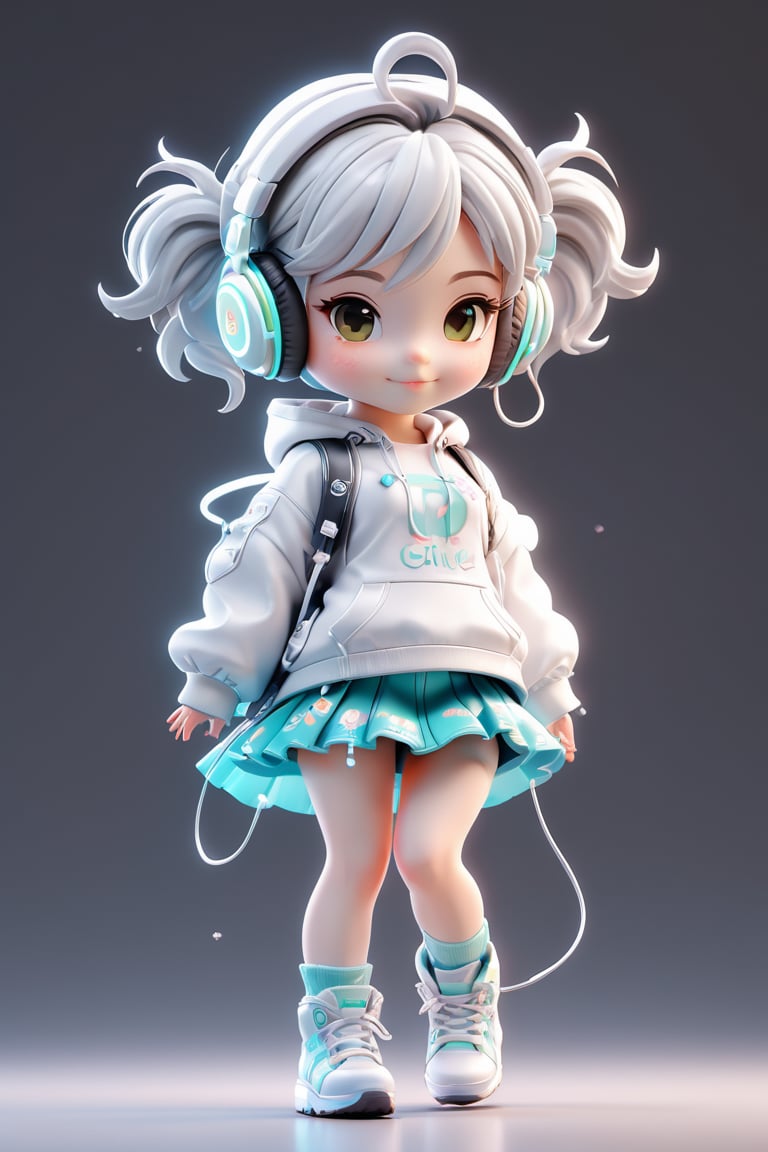 4d photographic image of full body image of a cute little chibi girl realistic, Personalized short skirt,mid short hair,Silver white earphones,vivid colors octane render trending on artstation, artistic photography, photorealistic concept art, soft natural volumetric cinematic perfect light, UHD no background