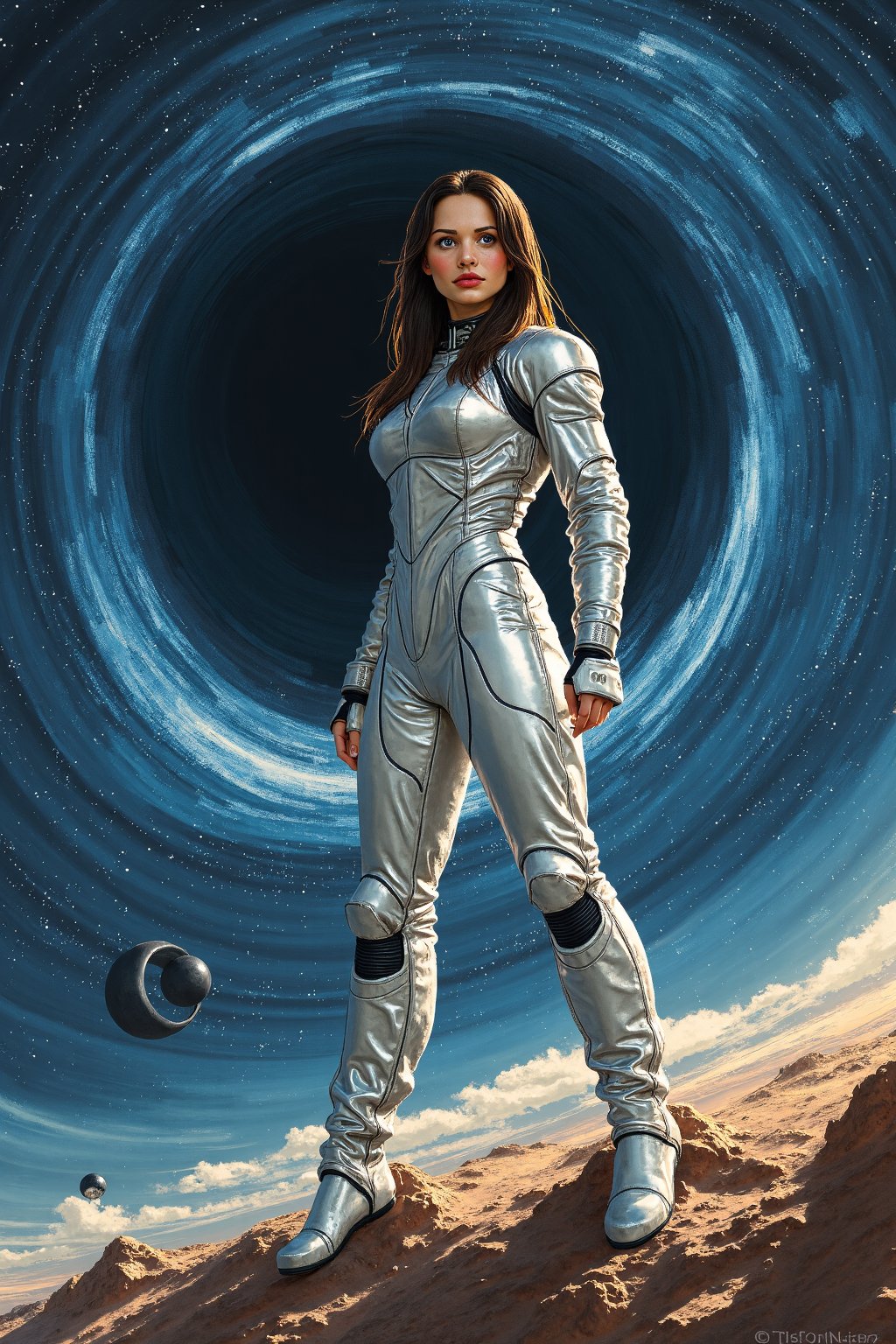 (black hole), A celestial odyssey unfolds as a stunning woman in futuristic astronaut garb stands at the edge of a swirling black hole. Her silver suit glistens against the dark, starry background, while the gravity-warping vortex behind her distorts space-time. The astronaut's pose exudes confidence and determination, as if ready to confront the unknown. Mixed media brushstrokes blend digital painting with traditional textures, creating an otherworldly, dreamlike atmosphere. vp_grid, full body