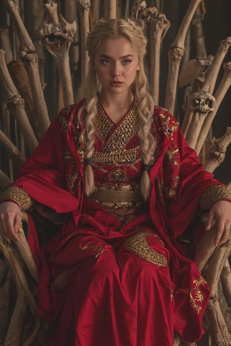 breathtaking RAW photo of female (Hayao Miyazaki style ~ ((20 years old)) Scandinavian blonde female warrior sitting on a bone throne, red armor, highly detailed and intricate, dynamic pose, more detail XL, tetradic colors, epic masterpiece, cinematic experience, 8k, dark fantasy digital art

)), dark and moody style, perfect face, outstretched perfect hands . masterpiece, professional, award-winning, intricate details, ultra high detailed, 64k, dramatic light, volumetric light, dynamic lighting, Epic, splash art .. ), by james jean $, roby dwi antono $, ross tran $. francis bacon $, michal mraz $, adrian ghenie $, petra cortright $, gerhard richter $, takato yamamoto $, ashley wood, tense atmospheric, , , , sooyaaa,IMGFIX,Comic Book-Style,Movie Aesthetic,action shot,photo r3al,bad quality image,oil painting, cinematic moviemaker style,Japan Vibes,H effect,koh_yunjung ,koh_yunjung,kwon-nara,sooyaaa,colorful,bones,skulls,armor,han-hyoju-xl ,DonMn1ghtm4reXL, ct-fujiii
,oiran,furisode,ct-jeniiii, ct-goeuun,yaya, HanFu,golden kimono,kamado nezuko,sword maiden,theresa apocalypse,koling,ct-rosseeiiee,ct-rosseeiiee,ct-virtual, hania aamir