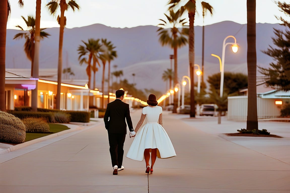 A tranquil evening in Palm Springs: A stylish couple, clad in chic 1950s finery, meanders along Palm Canyon Drive's iconic stretch, their hands clasped in tender unity. Soft golden light casts elongated shadows on the pavement, as sleek buildings and lush greenery provide a dynamic backdrop. Streetlights' warm glow and neon signs infuse retro glamour, while the couple's effortless stroll captures the carefree essence of a bygone era.