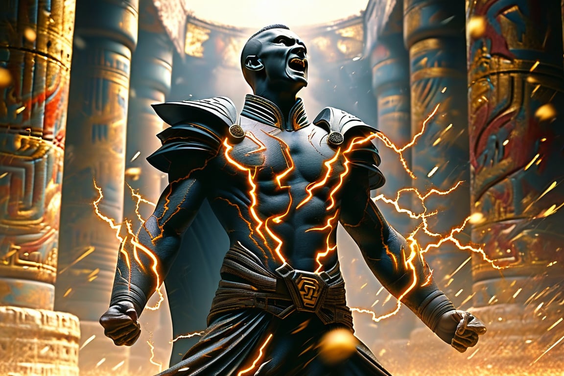 A dynamic action shot of Atta, dressed as a thunder god in flowing black battle armor with glowing, crackling veins of electricity coursing through it. He stands in the center of an ancient, mystical temple, surrounded by pillars engraved with lightning symbols, ready for combat. Captured with a high-speed Phantom Flex 4K camera, each movement is shown in stunning slow motion as he channels a storm of lightning from his hands, sending crackling bolts across the stone floor. Directed by John Woo, the scene is choreographed with cinematic precision—debris flies as Atta’s lightning shatters the pillars, while the camera circles around him, capturing every intense detail. Shafts of light break through cracks in the temple’s ceiling, illuminating Atta’s face as he gazes forward with the focus and strength of a god. Sparks dance in the air, and the rumble of thunder reverberates through the ancient hall, creating a sense of awe and impending danger. The wide-aperture lens adds depth, isolating Atta in a world of stormy, electric energy.,#$atta1,#atta,#baksidesign