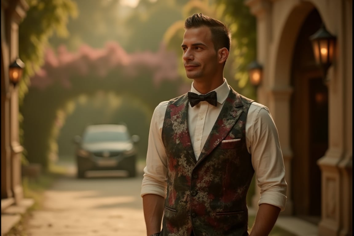 Softly lit, high-contrast, 80s-inspired, hyper-realistic scene of a suave, 30-year-old Middle Eastern man, Atta, with a gentle smile, quiff hairstyle, and designer stubble, wearing a stylish outfit consisting of a white shirt, black Persian-patterned bowtie, and a luxurious vest, posing with his right hand in his pants pocket, showcasing a Rolex wristwatch, featuring a distressed print of a red and white design, including the word "RUIZ SIERRA". The background shows a suburban street lined with trees and a black car parked on the left. The man has a slight smile and is wearing a black wristband on his left wrist. The image has a casual, candid feel, capturing a moment of leisure. set against a warm, sunlit doorway with a wooden staircase in the background, reminiscent of a wedding garden, captured with a Hasselblad 907X and XCD 30mm f/3.5 lens, with a muted color palette, low saturation, and a shallow depth of field, evoking the cinematic style of Stanley Kubrick.,#$atta3,#$atta1