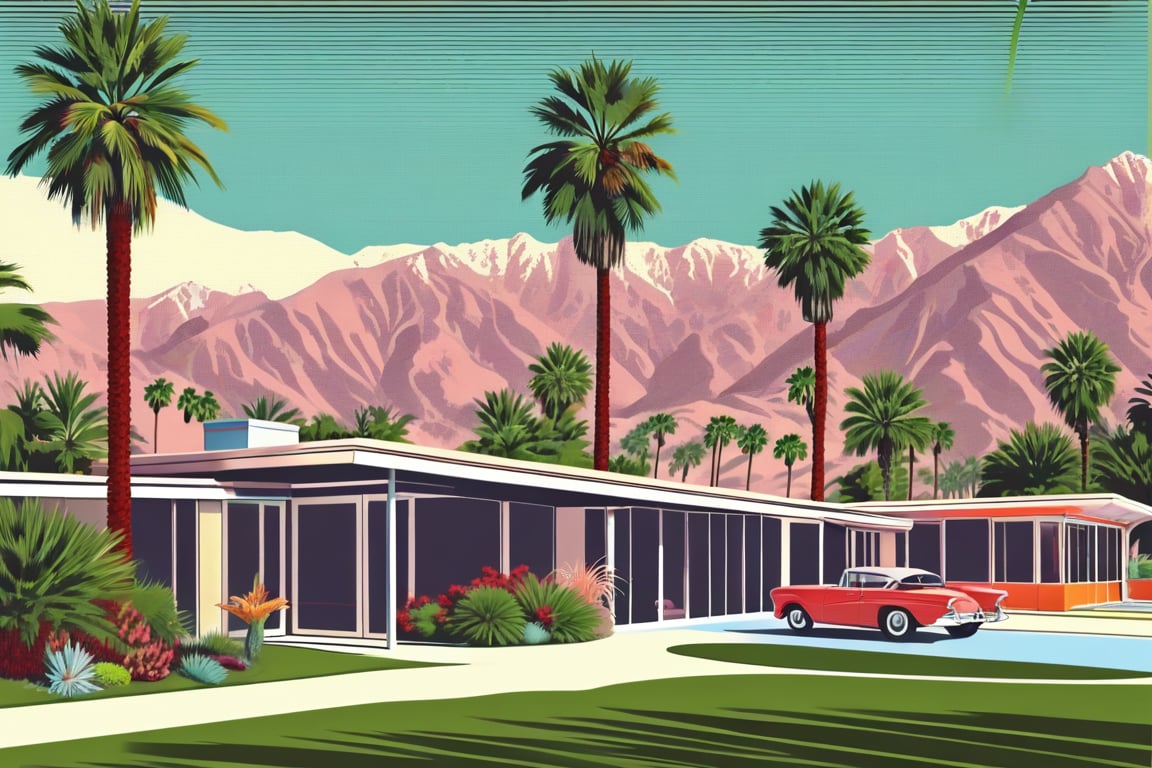 a mid century modern art style image of palm springs