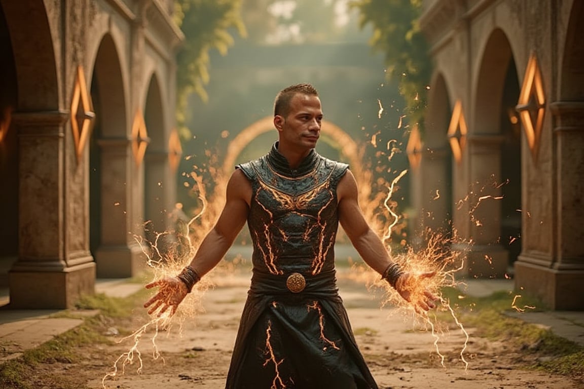 A dynamic action shot of Atta, dressed as a thunder god in flowing black battle armor with glowing, crackling veins of electricity coursing through it. He stands in the center of an ancient, mystical temple, surrounded by pillars engraved with lightning symbols, ready for combat. Captured with a high-speed Phantom Flex 4K camera, each movement is shown in stunning slow motion as he channels a storm of lightning from his hands, sending crackling bolts across the stone floor. Directed by John Woo, the scene is choreographed with cinematic precision—debris flies as Atta’s lightning shatters the pillars, while the camera circles around him, capturing every intense detail. Shafts of light break through cracks in the temple’s ceiling, illuminating Atta’s face as he gazes forward with the focus and strength of a god. Sparks dance in the air, and the rumble of thunder reverberates through the ancient hall, creating a sense of awe and impending danger. The wide-aperture lens adds depth, isolating Atta in a world of stormy, electric energy.,#$atta1,#atta