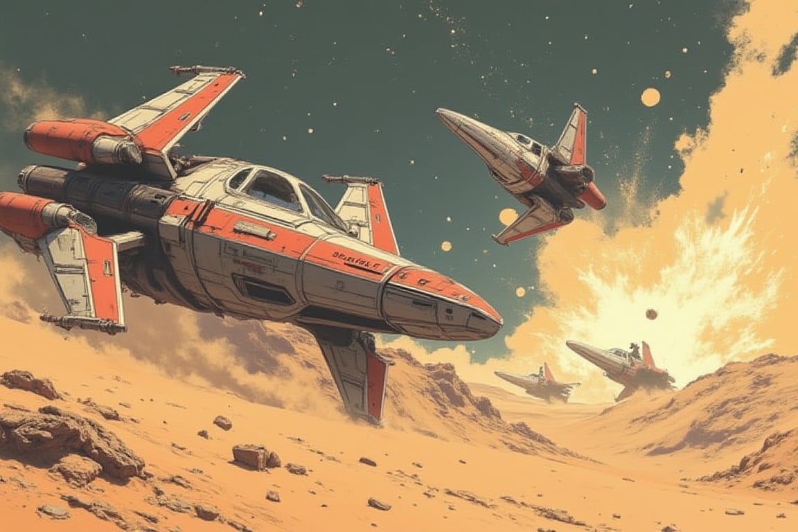 Star Wars spaceships bravely fight each other on the brink of death, with desert and explosions in the background, wreckage left by the battle, Japanese retro style, cartoon, two-dimensional,#alienmono