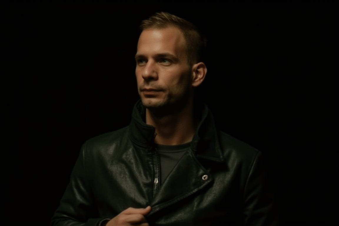 This is a photograph of a Caucasian man with short, light brown hair and a slight beard. He is wearing a dark green, glossy leather jacket with a high collar, which he is pulling slightly open with his left hand. The background is completely black, making the subject stand out sharply. The lighting highlights his facial features and the texture of his jacket. He has a confident, slightly serious expression. The overall mood of the image is intense and dramatic..,ATTA,#atta,#strsm