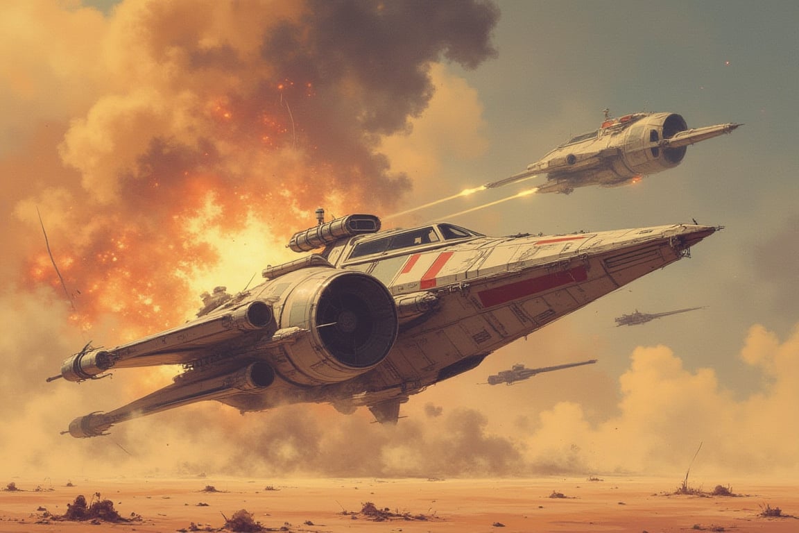 Star Wars spaceships bravely fight each other on the brink of death, with desert and explosions in the background, wreckage left by the battle, Japanese retro style, cartoon, two-dimensional,#swh