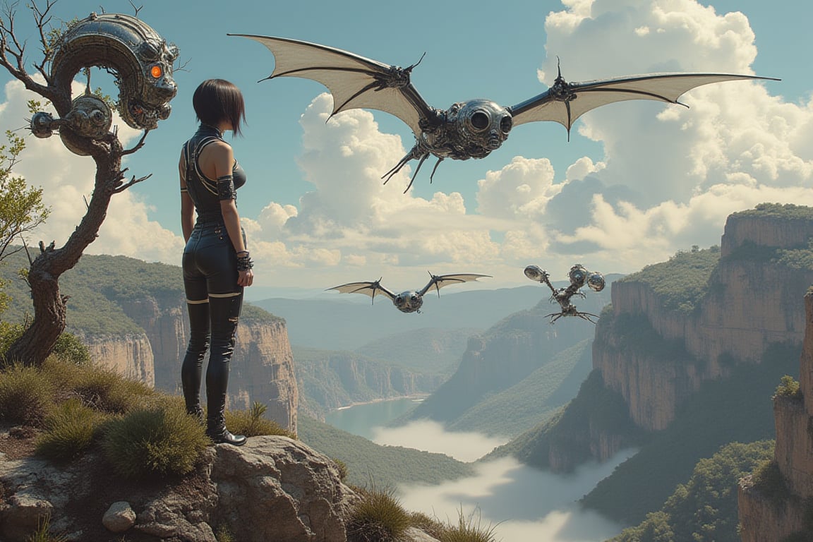 A fit and beautiful woman with post punk hairstyle and clothes is standing on the top of a hill watching a scene unfolding in the valley.Cyberpunk bats fly alongside intricately designed spaceships resembling robotic heads. There are trees with spiral shapes that attract attention Fantastic art, science fiction, masterpiece, 32 k, conceptual art, vibrant, dark fantasy, cinematic, 3d render, illustration, photo,#cute3