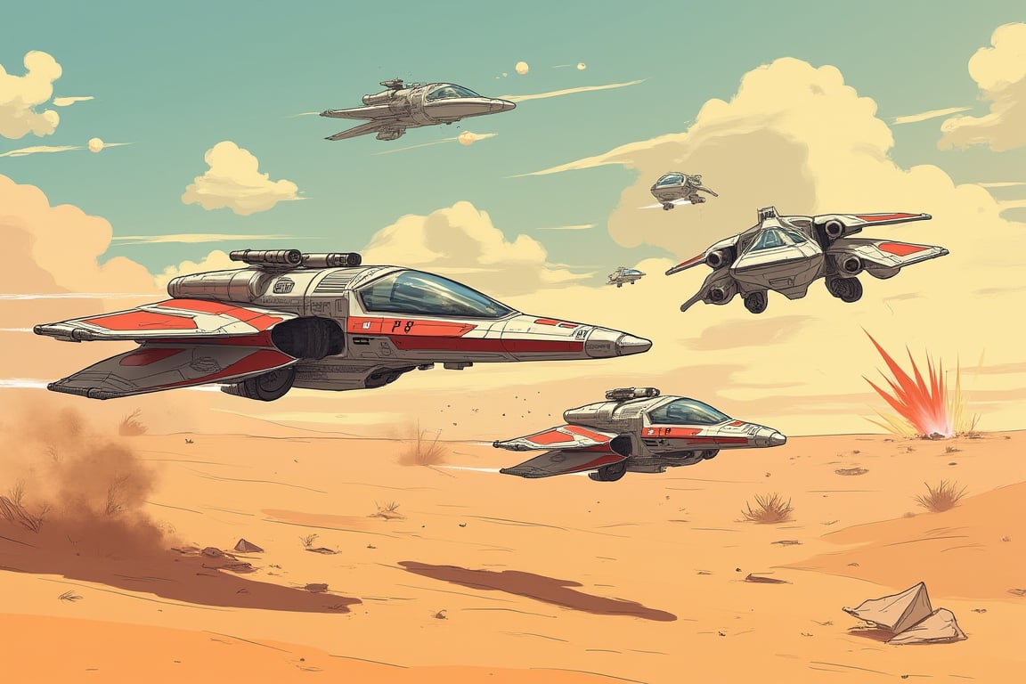 Star Wars spaceships bravely fight each other on the brink of death, with desert and explosions in the background, wreckage left by the battle, Japanese retro style, cartoon, two-dimensional,#cute3,#chinese