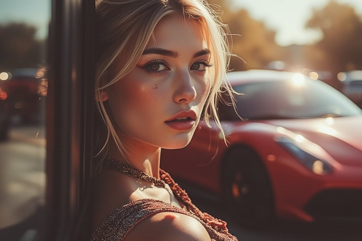 A tall, leggy, blonde, beautiful girl drives up in a Ferrari sports car, stops and then slowly gets out of the door. To see clearly her face, a super-clear quality moving image.,#faceart,#jelly