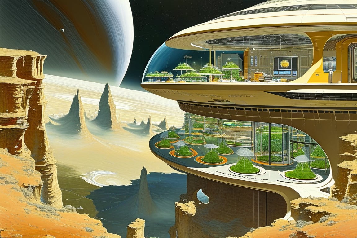 a gouache artist's concept circa 1970's in a futurism style of an interior view of a space habitat on a moon of the planet Jupiter with Jupiter prominently visible through the transparent dome, the habitat is designed as a multi-use home-and-work living space built under a transparent dome, a view of its interior contains such features as hydroponic fields and orchards and fish ponds and laboratories and living spaces for its human inhabitants, a view of the outside through the transparent dome sees self-contained AI factories in orbit around Jupiter mining materials and energy to feed industrialized Jupiter, Vincent Di Fate, John Berkey, Syd Mead, Paolo Soleri