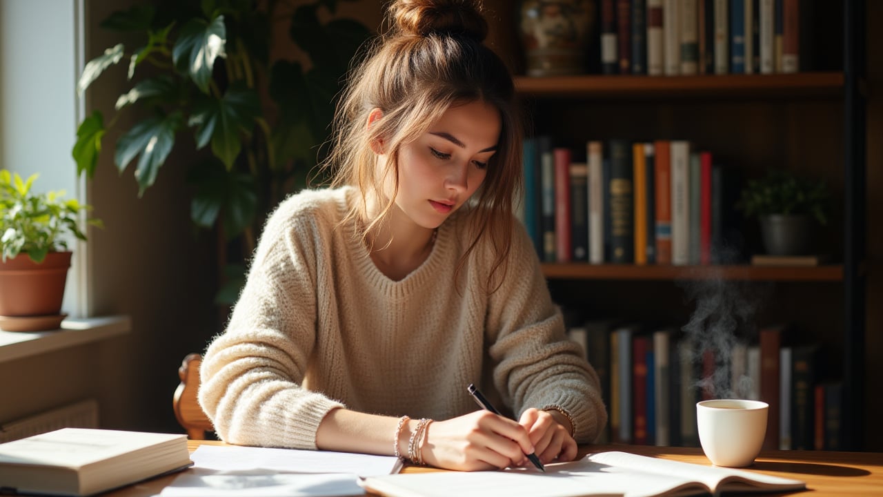 A woman with long, wavy brown hair tied loosely in a bun sits at a wooden desk in a cozy, sunlit room. She is wearing a light beige sweater with sleeves slightly rolled up, revealing delicate bracelets on her wrist. The table is scattered with books, some open, and a cup of steaming coffee sits to her right. She holds a sleek black pencil in her right hand, hovering just above a piece of white paper where a few lines of handwritten notes are visible. A gentle beam of sunlight streams through a nearby window, casting soft shadows on the paper. In the background, you can see a bookshelf filled with colorful spines and a potted plant by the window, adding a touch of greenery to the warm, peaceful atmosphere.