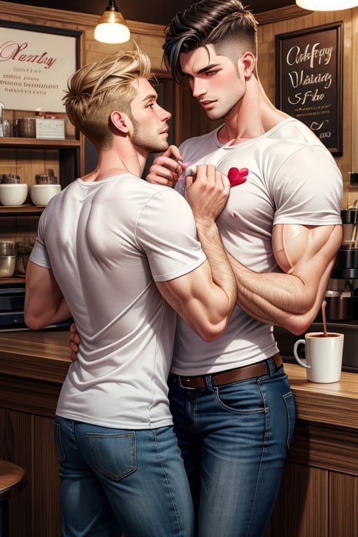 2 boys, couple,

yaoi, gay, 

Jhon is a tall, strong and muscular white man, 
Kai is a small, extremely thin, extremely slender white man, 

tight casual clothes, 

Valentine's Day, hearts, summer, love, loving, 

coffee shop, 

best quality,