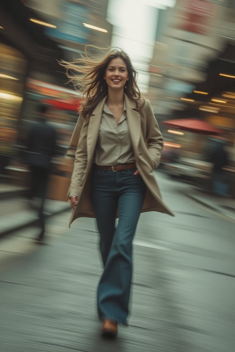 Asia women candid on street ,full body , walking confidently, smile, natural light , motion blur , low angle shot