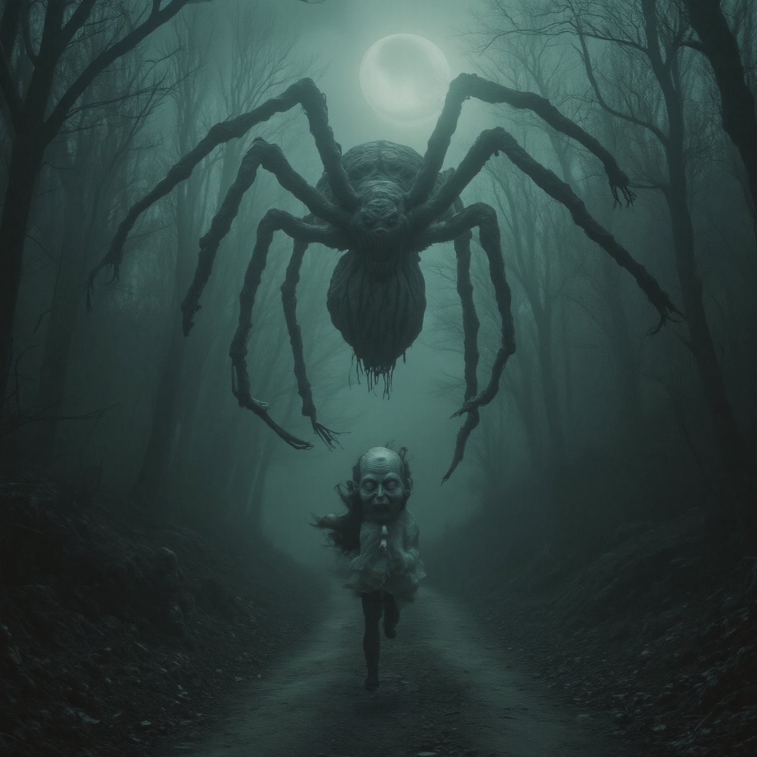 A baroque and romantic masterpiece:  Dim lited and covered by dark clouds a man running through a meandering route, escaping from a eldritch monster mixture of spider and wendigo. Woods, night, eclipse, 3d haunted doll,Ghost 