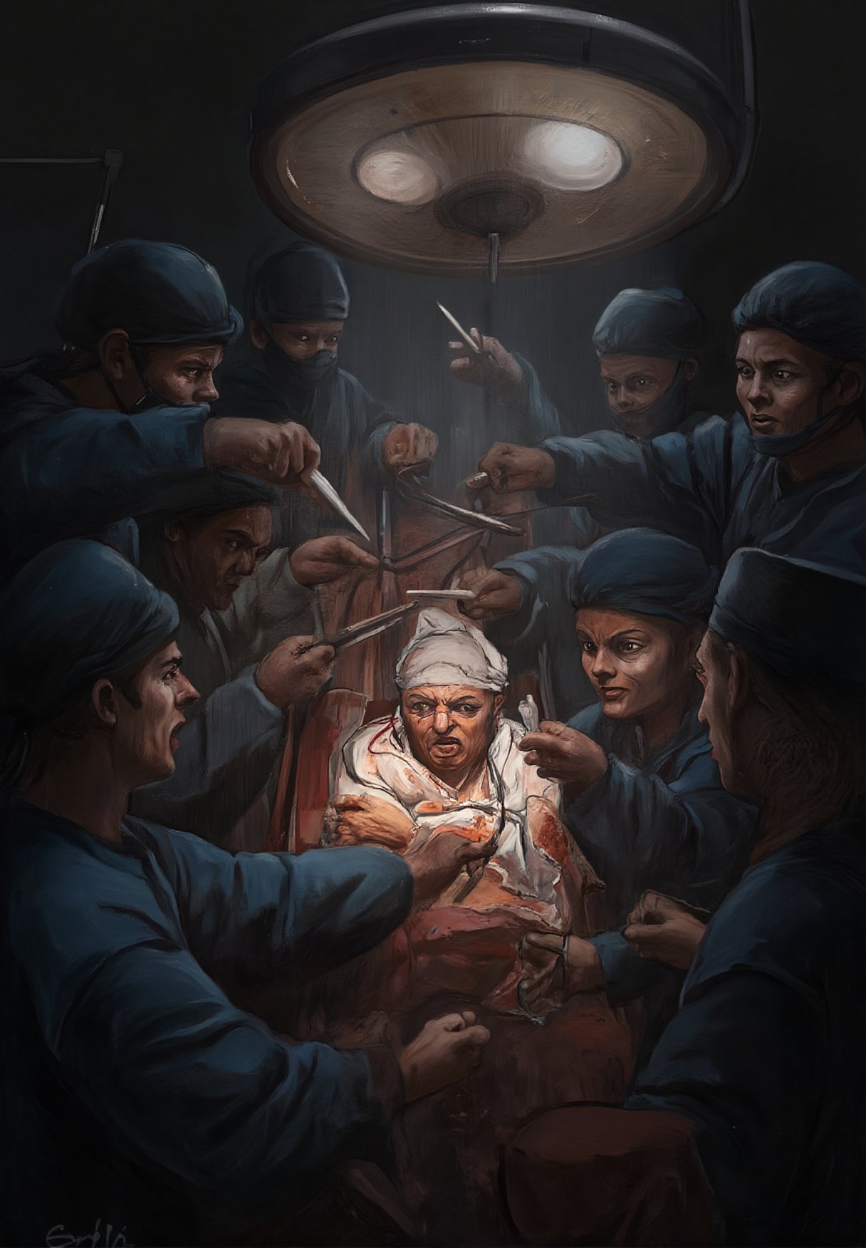 A gruesome tableau unfolds in a dimly lit operating room. A group of medical students, their faces obscured by masks and intensity, surround a struggling homeless man tied to a stretcher. Frightened and desperate, he attempts to break free as the students wield scalpels, forceps, and other surgical instruments with menacing precision. The air is thick with tension and foreboding under the harsh glare of an overhead operating room lamp.