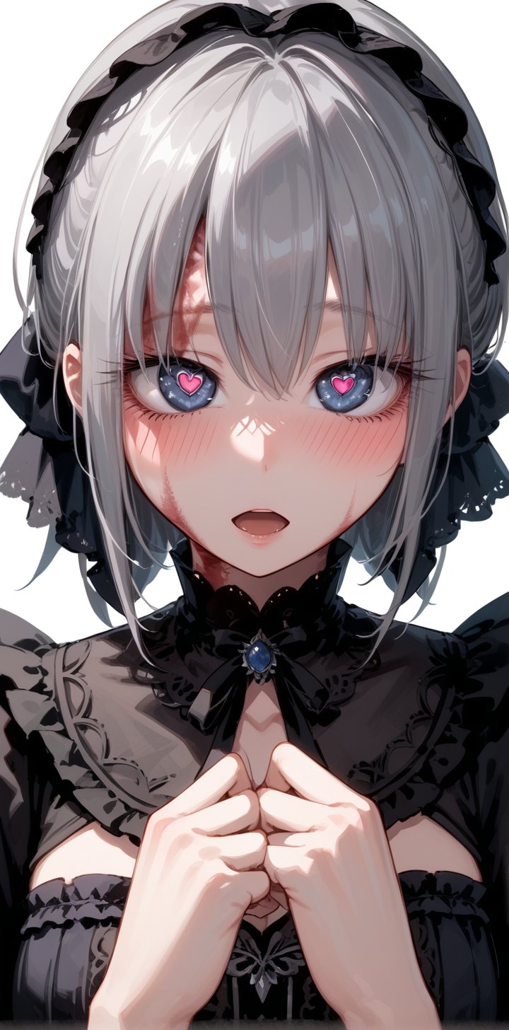 score_9,score_8_up,score_7_up,source_anime, perfect_hands, perfect_face, perfect female body, mature female, cowboy_shot, 1girl, solo, Sylvie , grey hair, blue eyes, scar, heart, 1girl, solo, blush, heart-shaped_pupils, symbol-shaped_pupils, face, eyebrows_visible_through_hair, burn_scar, open_mouth, black_hair, looking_at_viewer,lolita_fashion