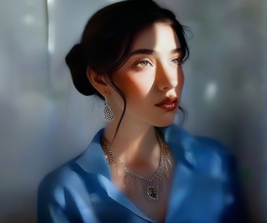 1girl, solo, looking at viewer, shirt, black hair, brown eyes, jewelry, upper body, earrings, necklace, hair bun, black eyes, lips, blue shirt, realistic, nose