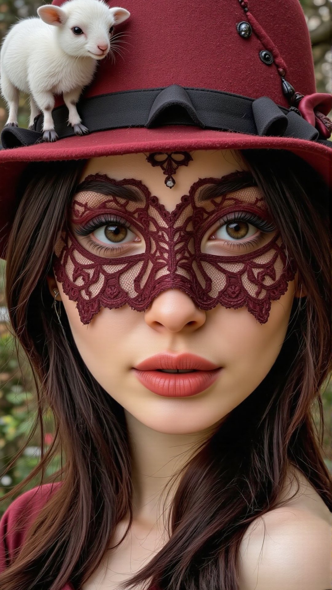 a medium close up of a person wearing a lace filigree needle point mask,  intricate complex painted and sewn mask,  dreamy...