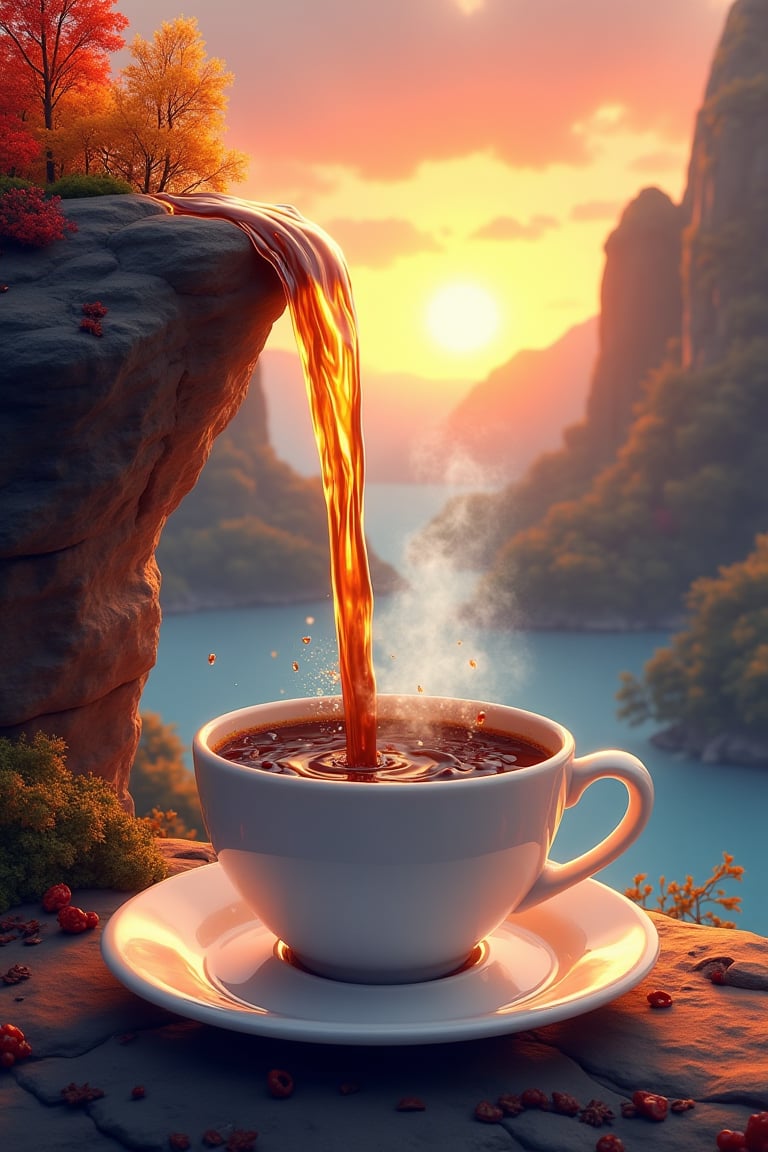 Ilustration Imagine a stunning coffee cup,  where a waterfall flows down a rock formation directly into the cup. In the ba...