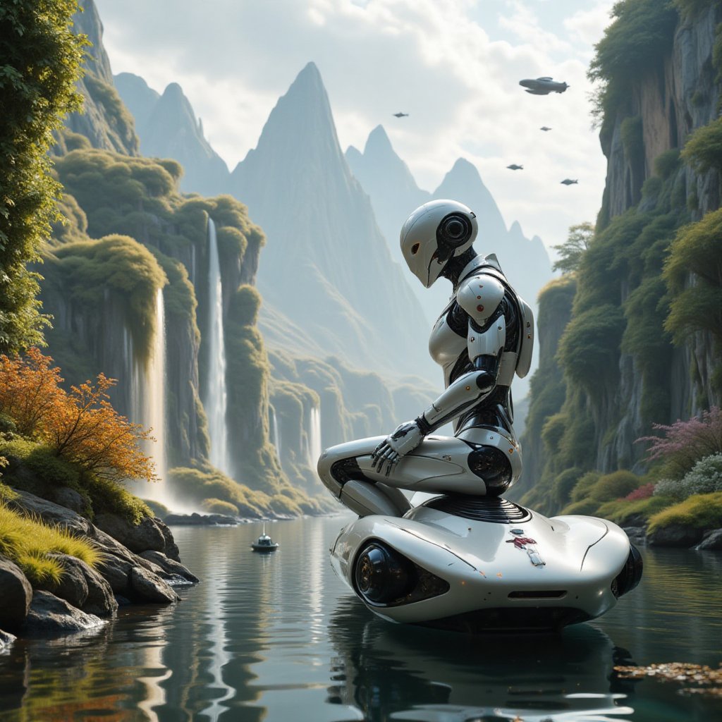 Create images of futuristic landscapes where advanced technology and nature harmoniously coexist. In the center of the image, a humanoid robot is crouching atop a high-tech vehicle hovering above the water. The robot has a complex design with clearly visible mechanical components, including metal panels, cables, and small glowing LED lights. In the background, tall futuristic buildings, creating a vertical garden effect. A waterfall with golden water flows between the buildings, adding a fresh and natural impression. Beautiful gardens with various types of exotic plants and flowers are spread throughout the area. Several other robots were also seen active nearby, The sky above was filled with strangely shaped and futuristic flying vehicles that hovered slowly, adding to the impression of advanced technology. High, long-distance green mountains complement the landscape behind, providing a stunning natural contrast. Additional details include realistic water reflections, shadows from robots and buildings created by sunlight, and textures of plants and building materials that add depth and realism to the image. The atmosphere of the image should highlight the harmony between technology and nature, creating a vision of a peaceful and beautiful future,future enchantress,mechanx