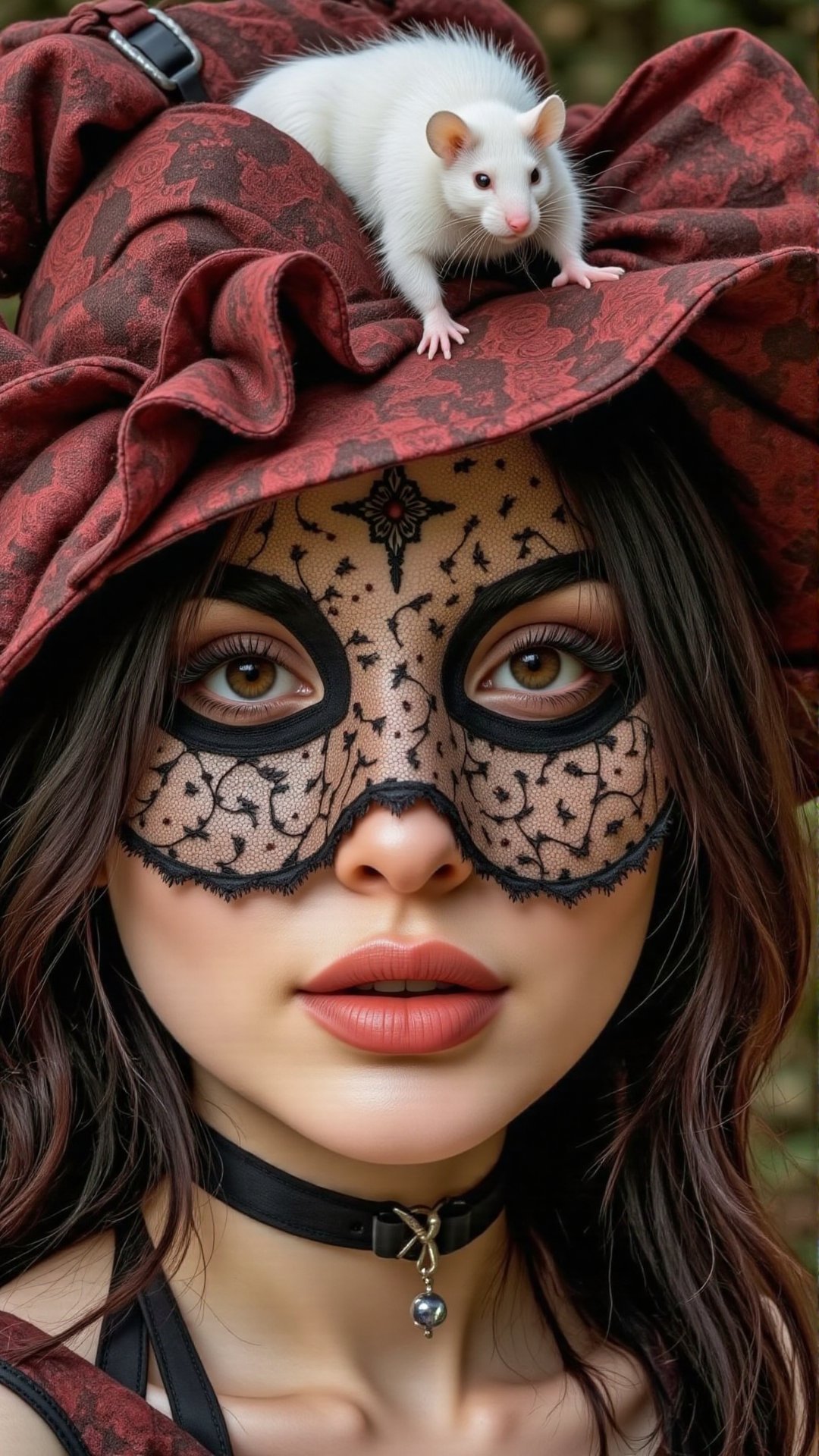 a medium close up of a person wearing a lace filigree needle point mask,  intricate complex painted and sewn mask,  dreamy...