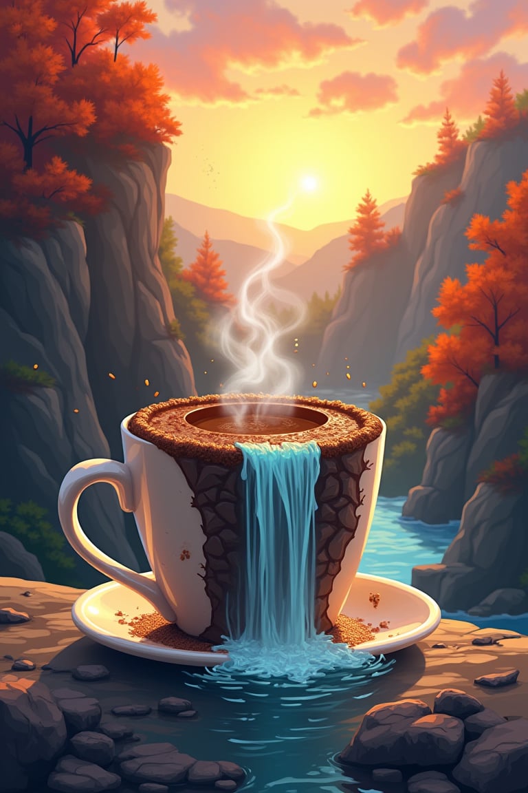 Ilustration Imagine a stunning coffee cup,  where a waterfall flows down a rock formation directly into the cup. In the ba...