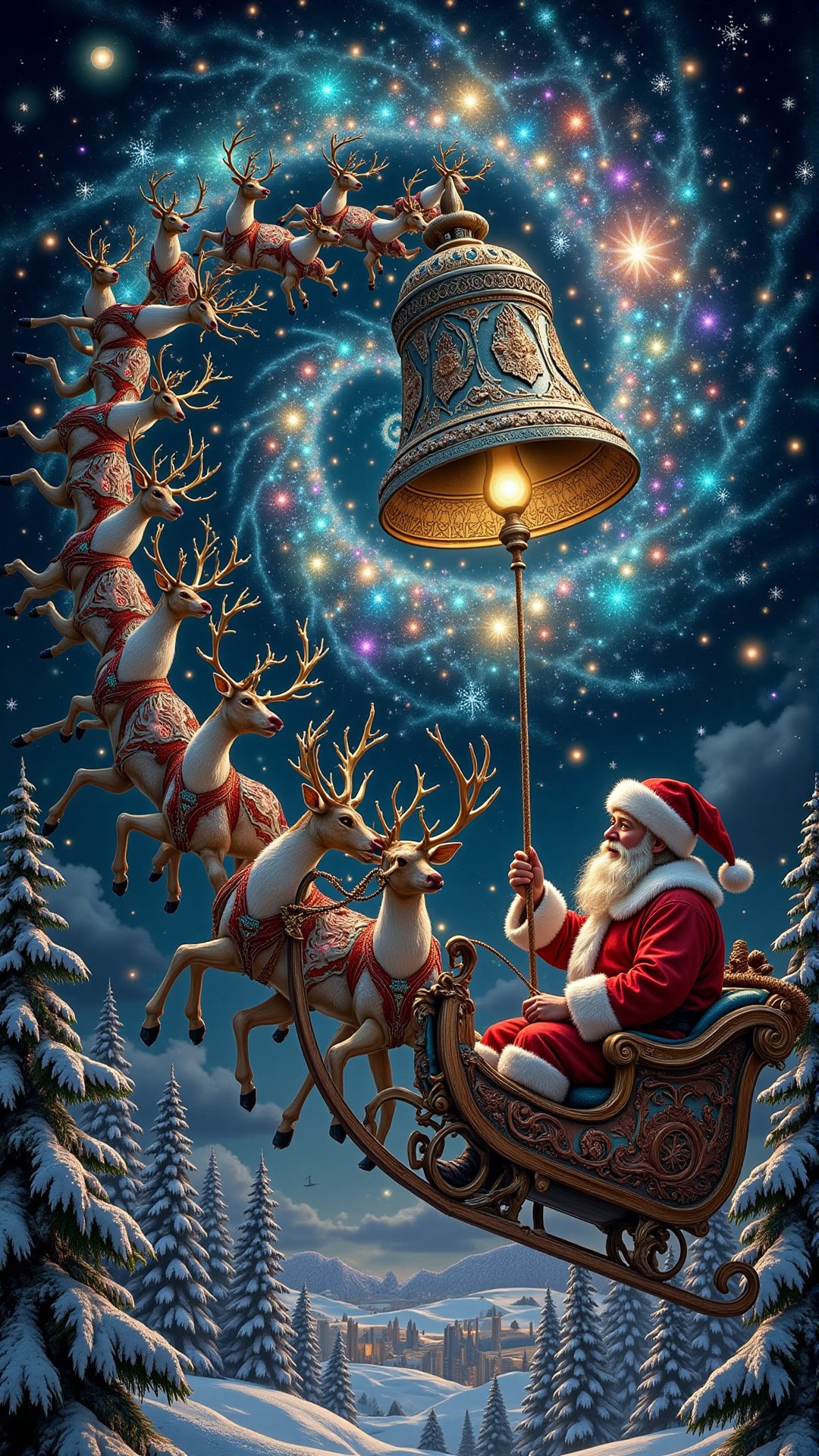 A jolly Santa Claus,  adorned in a traditional red and white suit,  standing atop a gleaming sleigh that's not of this wor...