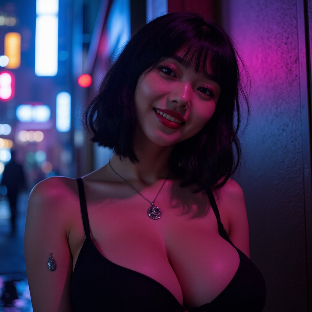 A hyper-realistic DSLR photo of a Korean woman with bobbed black hair, wearing a bustier dress catches the soft glow of neon lights, giving off a cozy and comfortable feel against the dark industrial backdrop. The figure's charming smile and warm eyes add a cute contrast to the gritty cyberpunk environment. The metal implants are visible through the fuzz, highlighted in neon blue and pink. Rain-soaked streets reflect light, adding depth to cinematic scenes. Created Using: DSLR Lens, cinematic lighting, detailed fuzz textures, metallic details, neon reflection effects, cyberpunk aesthetic, cozy yet dark atmosphere, contrasting highlights,tronggg