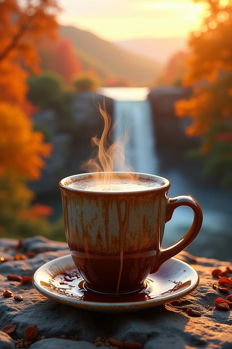 Imagine a stunning coffee cup,  where a waterfall flows down a rock formation directly into the cup. In the background,  t...