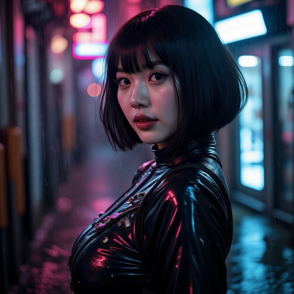 A hyper-realistic DSLR photo of a Korean woman with bobbed black hair, wearing a vinyl dress catches the soft glow of neon lights, giving off a cozy and comfortable feel against the dark industrial backdrop. The figure's charming smile and warm eyes add a cute contrast to the gritty cyberpunk environment. The metal implants are visible through the fuzz, highlighted in neon blue and pink. Rain-soaked streets reflect light, adding depth to cinematic scenes. Created Using: DSLR Lens, cinematic lighting, detailed fuzz textures, metallic details, neon reflection effects, cyberpunk aesthetic, cozy yet dark atmosphere, contrasting highlights