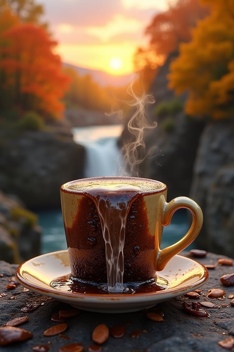Imagine a stunning coffee cup,  where a waterfall flows down a rock formation directly into the cup. In the background,  t...