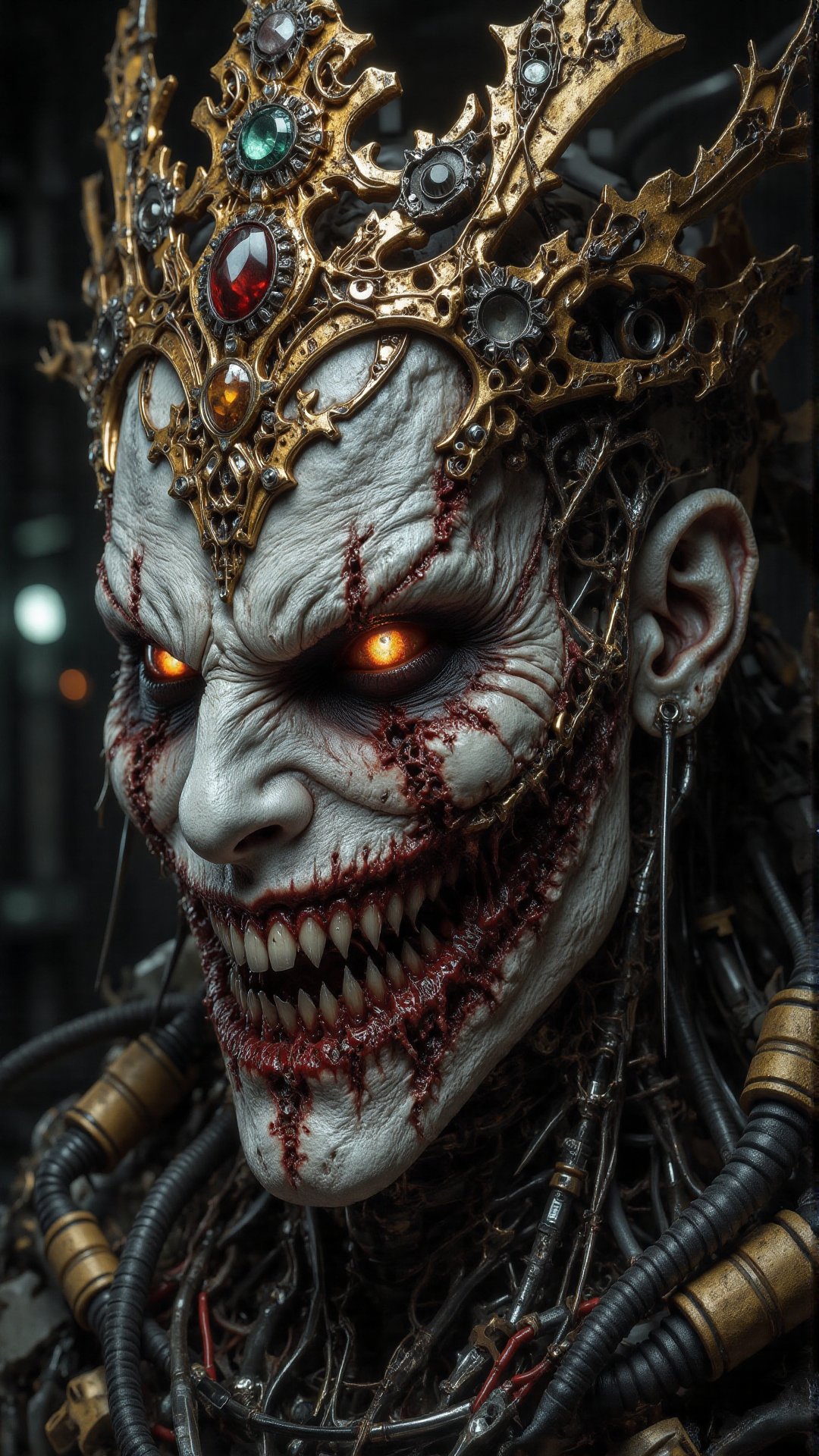 A hyper-realistic cybernetic humanoid with a grotesquely torn mouth that stretches all the way to its ears,  revealing jag...