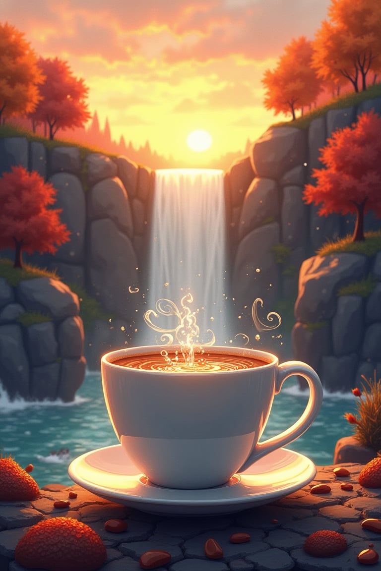Ilustration Imagine a stunning coffee cup,  where a waterfall flows down a rock formation directly into the cup. In the ba...