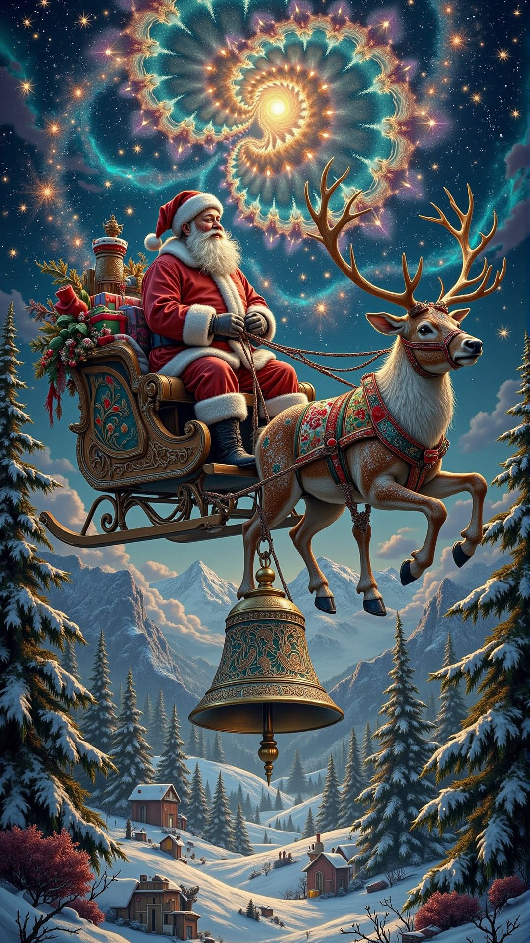A jolly Santa Claus,  adorned in a traditional red and white suit,  standing atop a gleaming sleigh that's not of this wor...