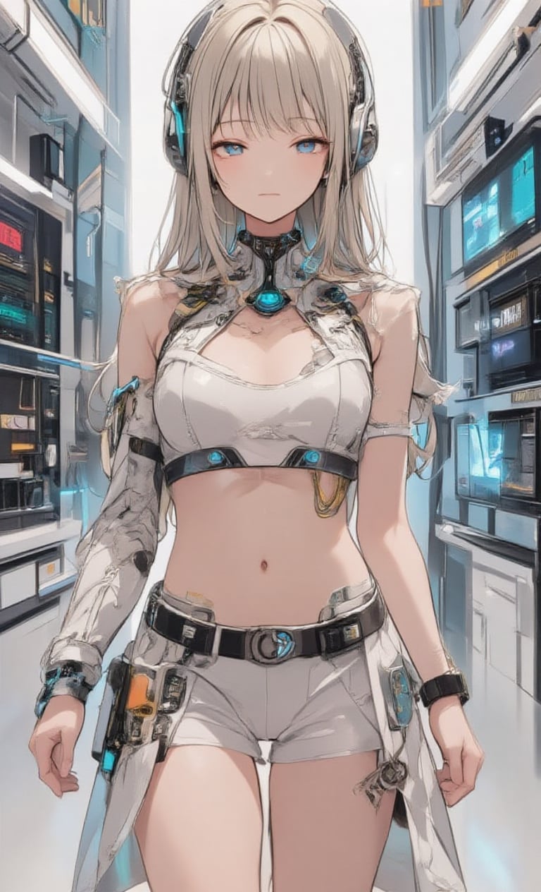 Highly detailed, masterpiece, anime illustration style,pixiv style,zero gravity space, floating woman, woman standing facing forward in high tech laboratory on bright white spaceship. Japanese woman has long blonde hair tied in a ponytail. She wears underwear with advanced futuristic details, including integrated biosensors, adaptive thermal regulation, and intricate circuit patterns. She wears a tight fitting sleeveless crop top with a high neckline in shiny light grey or off-white, featuring holographic displays, touch-sensitive controls, and glowing accents. High waisted shorts with sleek metal accents, light emitting units around the waist, nanofiber weave for enhanced flexibility, and miniature display screens. Her look is ultra-modern and sci-fi, seamlessly blending cutting-edge technology and minimalism. Smart watch on wrist with holographic projection capabilities and multiple function buttons. Wireless, bone-conduction headphones with adaptive noise cancellation and LED status indicators. Look at viewer, black front zipper with molecular bonding technology and illuminated track. The outfit incorporates translucent tubes carrying glowing liquid, multiple switches and sensors, and micro-LED displays showing real-time biometric data. Background is a laboratory environment with advanced control panels, holographic interfaces, and futuristic equipment, all visible in front of the woman.