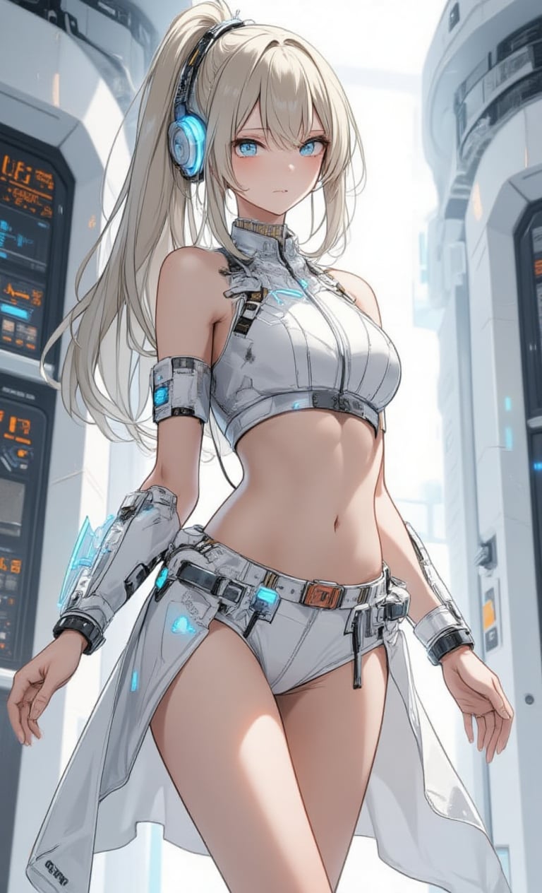 Highly detailed, masterpiece, anime illustration style,pixiv style,zero gravity space, floating woman, woman standing facing forward in high tech laboratory on bright white spaceship. Japanese woman has long blonde hair tied in a ponytail. She wears underwear with advanced futuristic details, including integrated biosensors, adaptive thermal regulation, and intricate circuit patterns. She wears a tight fitting sleeveless crop top with a high neckline in shiny light grey or off-white, featuring holographic displays, touch-sensitive controls, and glowing accents. High waisted shorts with sleek metal accents, light emitting units around the waist, nanofiber weave for enhanced flexibility, and miniature display screens. Her look is ultra-modern and sci-fi, seamlessly blending cutting-edge technology and minimalism. Smart watch on wrist with holographic projection capabilities and multiple function buttons. Wireless, bone-conduction headphones with adaptive noise cancellation and LED status indicators. Look at viewer, black front zipper with molecular bonding technology and illuminated track. The outfit incorporates translucent tubes carrying glowing liquid, multiple switches and sensors, and micro-LED displays showing real-time biometric data. Background is a laboratory environment with advanced control panels, holographic interfaces, and futuristic equipment, all visible in front of the woman.