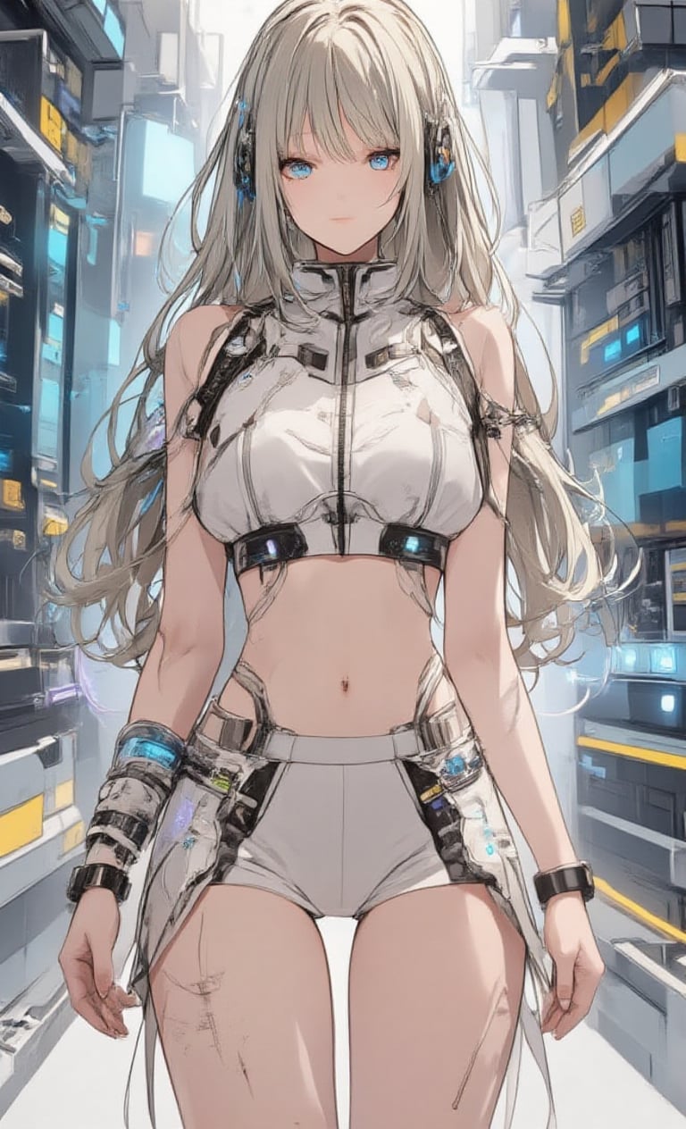 Highly detailed, masterpiece, anime illustration style,pixiv style,zero gravity space, floating woman, woman standing facing forward in high tech laboratory on bright white spaceship. Japanese woman has long blonde hair tied in a ponytail. She wears underwear with advanced futuristic details, including integrated biosensors, adaptive thermal regulation, and intricate circuit patterns. She wears a tight fitting sleeveless crop top with a high neckline in shiny light grey or off-white, featuring holographic displays, touch-sensitive controls, and glowing accents. High waisted shorts with sleek metal accents, light emitting units around the waist, nanofiber weave for enhanced flexibility, and miniature display screens. Her look is ultra-modern and sci-fi, seamlessly blending cutting-edge technology and minimalism. Smart watch on wrist with holographic projection capabilities and multiple function buttons. Wireless, bone-conduction headphones with adaptive noise cancellation and LED status indicators. Look at viewer, black front zipper with molecular bonding technology and illuminated track. The outfit incorporates translucent tubes carrying glowing liquid, multiple switches and sensors, and micro-LED displays showing real-time biometric data. Background is a laboratory environment with advanced control panels, holographic interfaces, and futuristic equipment, all visible in front of the woman.