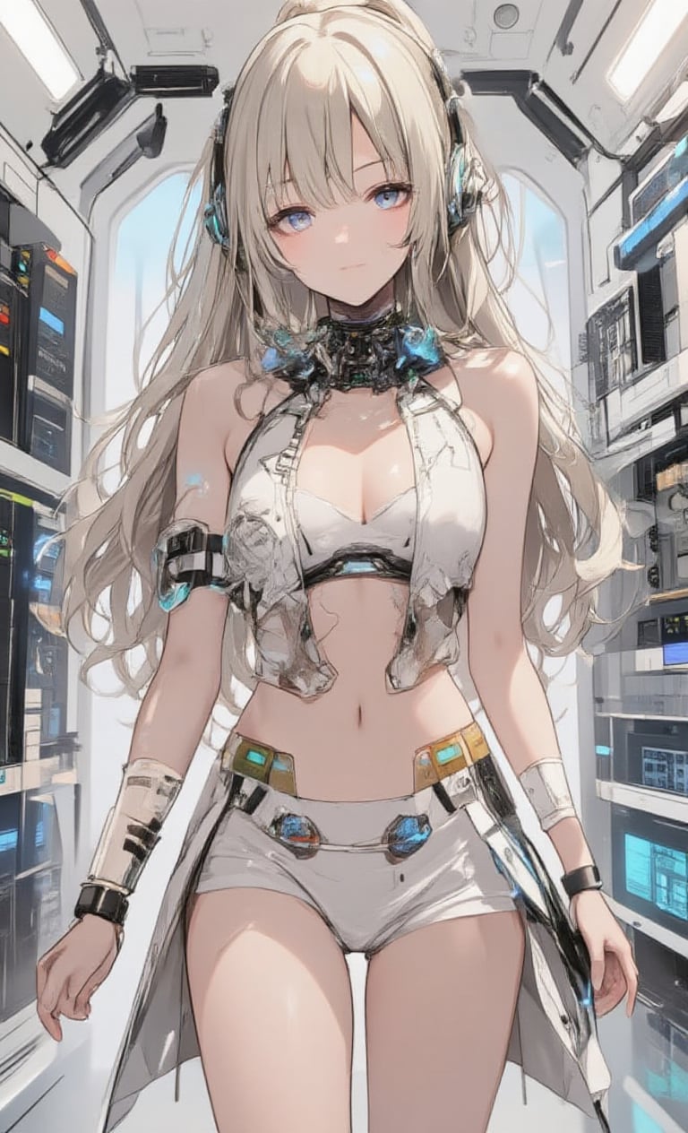 Highly detailed, masterpiece, anime illustration style,pixiv style,zero gravity space, floating woman, woman standing facing forward in high tech laboratory on bright white spaceship. Japanese woman has long blonde hair tied in a ponytail. She wears underwear with advanced futuristic details, including integrated biosensors, adaptive thermal regulation, and intricate circuit patterns. She wears a tight fitting sleeveless crop top with a high neckline in shiny light grey or off-white, featuring holographic displays, touch-sensitive controls, and glowing accents. High waisted shorts with sleek metal accents, light emitting units around the waist, nanofiber weave for enhanced flexibility, and miniature display screens. Her look is ultra-modern and sci-fi, seamlessly blending cutting-edge technology and minimalism. Smart watch on wrist with holographic projection capabilities and multiple function buttons. Wireless, bone-conduction headphones with adaptive noise cancellation and LED status indicators. Look at viewer, black front zipper with molecular bonding technology and illuminated track. The outfit incorporates translucent tubes carrying glowing liquid, multiple switches and sensors, and micro-LED displays showing real-time biometric data. Background is a laboratory environment with advanced control panels, holographic interfaces, and futuristic equipment, all visible in front of the woman.