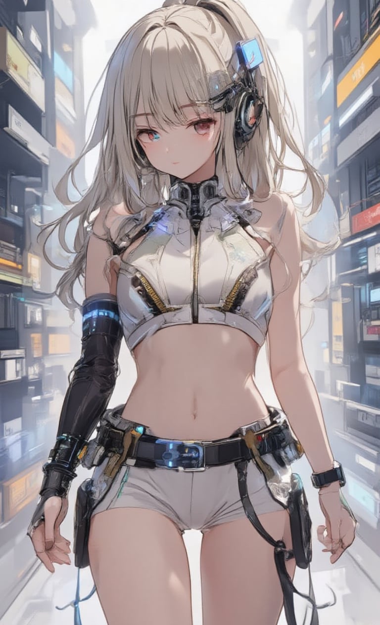 Highly detailed, masterpiece, anime illustration style,pixiv style,zero gravity space, floating woman, woman standing facing forward in high tech laboratory on bright white spaceship. Japanese woman has long blonde hair tied in a ponytail. She wears underwear with advanced futuristic details, including integrated biosensors, adaptive thermal regulation, and intricate circuit patterns. She wears a tight fitting sleeveless crop top with a high neckline in shiny light grey or off-white, featuring holographic displays, touch-sensitive controls, and glowing accents. High waisted shorts with sleek metal accents, light emitting units around the waist, nanofiber weave for enhanced flexibility, and miniature display screens. Her look is ultra-modern and sci-fi, seamlessly blending cutting-edge technology and minimalism. Smart watch on wrist with holographic projection capabilities and multiple function buttons. Wireless, bone-conduction headphones with adaptive noise cancellation and LED status indicators. Look at viewer, black front zipper with molecular bonding technology and illuminated track. The outfit incorporates translucent tubes carrying glowing liquid, multiple switches and sensors, and micro-LED displays showing real-time biometric data. Background is a laboratory environment with advanced control panels, holographic interfaces, and futuristic equipment, all visible in front of the woman.