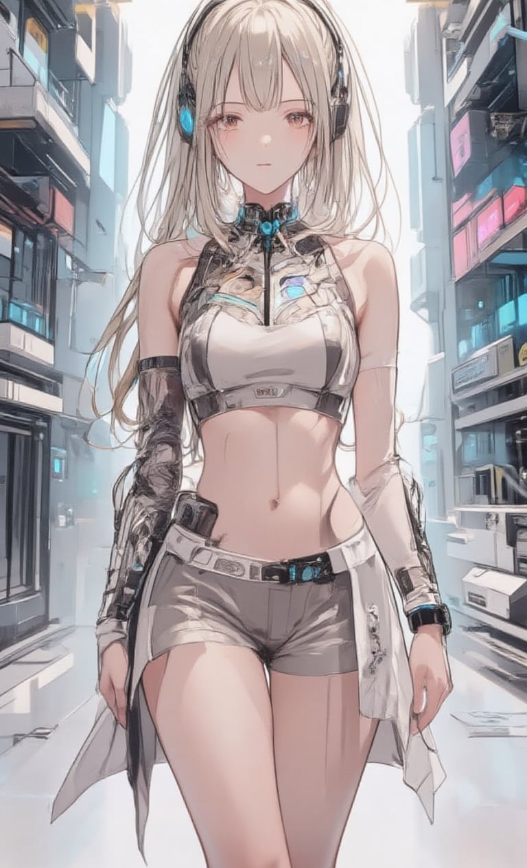 Highly detailed, masterpiece, anime illustration style,pixiv style,zero gravity space, floating woman, woman standing facing forward in high tech laboratory on bright white spaceship. Japanese woman has long blonde hair tied in a ponytail. She wears underwear with advanced futuristic details, including integrated biosensors, adaptive thermal regulation, and intricate circuit patterns. She wears a tight fitting sleeveless crop top with a high neckline in shiny light grey or off-white, featuring holographic displays, touch-sensitive controls, and glowing accents. High waisted shorts with sleek metal accents, light emitting units around the waist, nanofiber weave for enhanced flexibility, and miniature display screens. Her look is ultra-modern and sci-fi, seamlessly blending cutting-edge technology and minimalism. Smart watch on wrist with holographic projection capabilities and multiple function buttons. Wireless, bone-conduction headphones with adaptive noise cancellation and LED status indicators. Look at viewer, black front zipper with molecular bonding technology and illuminated track. The outfit incorporates translucent tubes carrying glowing liquid, multiple switches and sensors, and micro-LED displays showing real-time biometric data. Background is a laboratory environment with advanced control panels, holographic interfaces, and futuristic equipment, all visible in front of the woman.