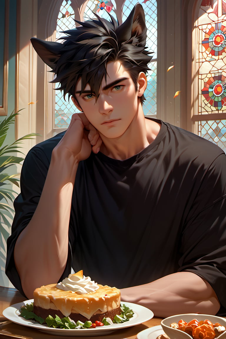 score_9, score_8_up, score_7_up, score_9_up,source_anime, masterpiece, extremely detailed, highres, solo, short hair, shirt, black hair, 1boy, animal ears, closed mouth, upper body, male focus, indoors, black shirt, table, plate, realistic