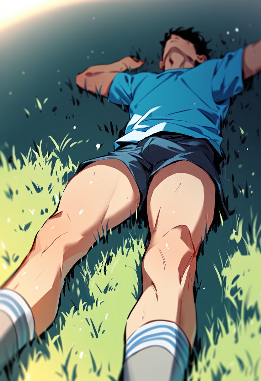 score_9, score_8_up, score_7_up, score_6_up, rating explicit, a man is lying on a grassy field, his arms stretched out to his sides. He is wearing a short-sleeved blue shirt, dark blue shorts, and a pair of gray socks. His socks have gray stripes on them, adding a pop of color to the scene. The background is blurred, suggesting a sports field.