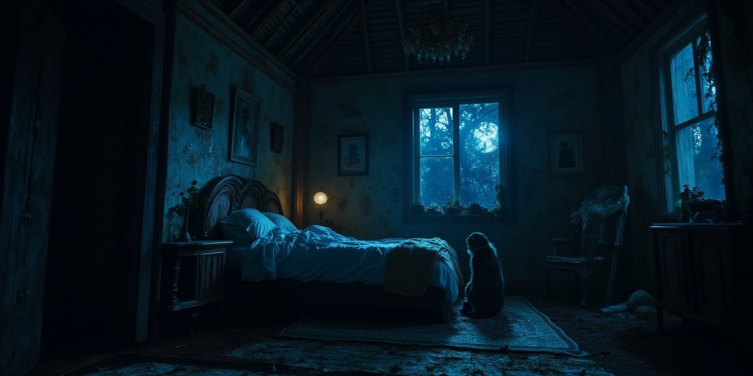 A realistic photo,
Late at night, in the dense forest,
In a dilapidated thatched house,
Kneeling in front of the bed was a young bonobo in plain clothes.
He smiled very happily and looked intently at the human teacher sitting on the bed.
The moonlight shines in through the dilapidated windows,
Cool blue night light. The lighting is very realistic and a masterpiece with intricate details.