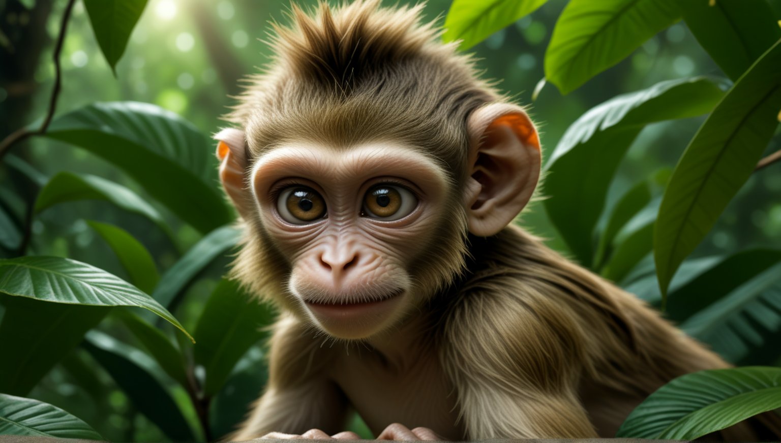 A juvenile monkey dressed in very simple style plain cloth tunic,  
happy,  detailed eyes, photorealistic,  in a lush jungle.
ancient times.
The monkey's head is adorned with a mohawk,