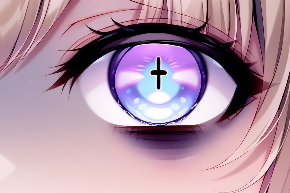 mitsuba_choco, empty eyes, blue eyes, cross-shaped pupils, bags under eyes, eye focus, close-up