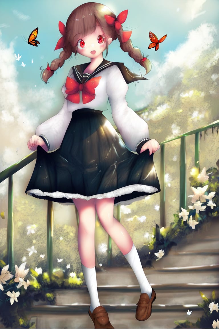 by e-01, 1girl, solo, long hair, looking at viewer, blush, smile, open mouth, bangs, skirt, brown hair, shirt, hair ornament, red eyes, long sleeves, bow, ribbon, twintails, school uniform, standing, full body, white shirt, braid, flower, :d, hair bow, outdoors, frills, sky, shoes, serafuku, socks, puffy sleeves, cloud, black skirt, sailor collar, water, red bow, red ribbon, brown footwear, bug, frilled skirt, white flower, white socks, loafers, butterfly, high-waist skirt, stairs, skirt hold, suspender skirt,
score_9, score_8_up, score_7_up, score_6_up, score_5_up, score_4_up