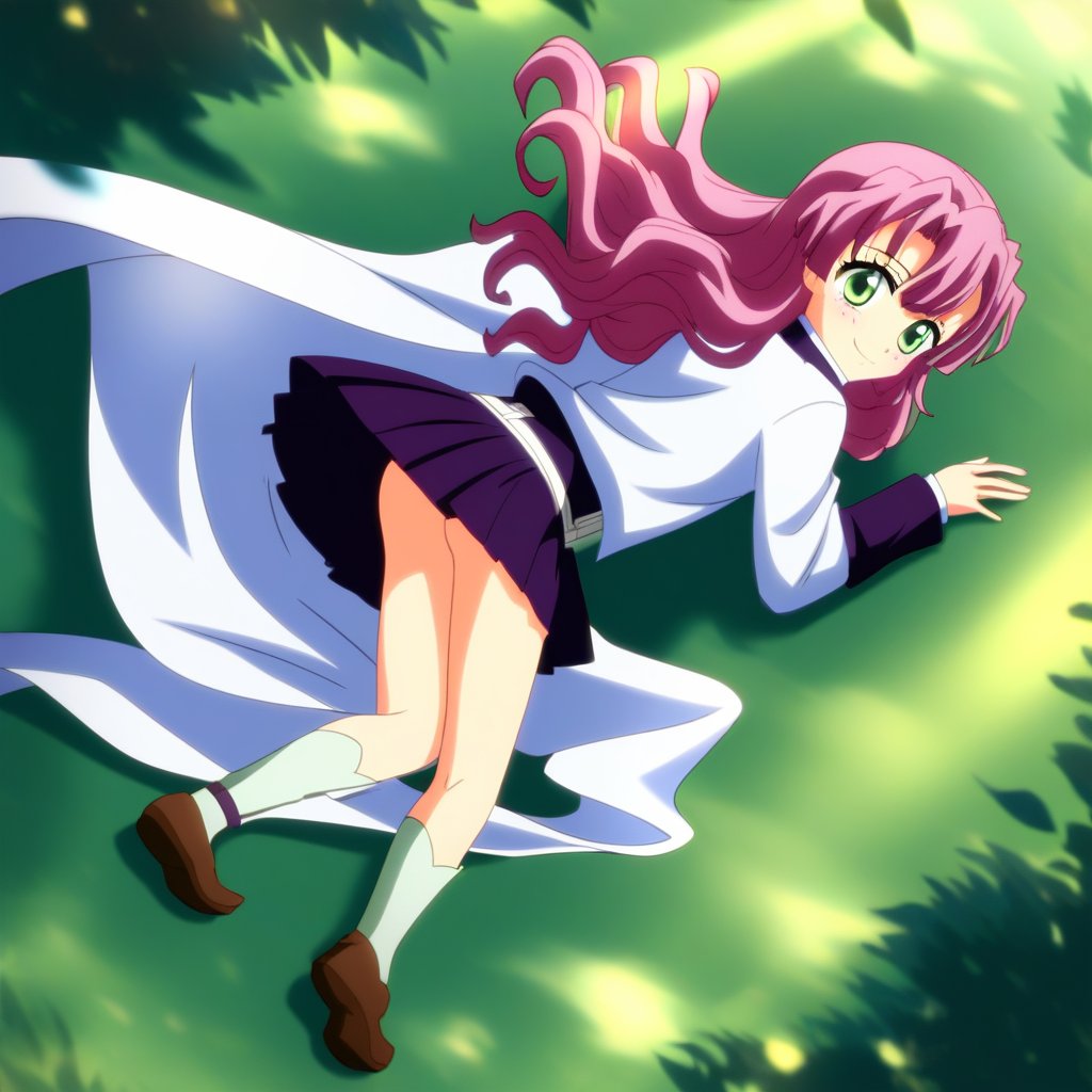 A close-up shot of Mitsuri from Demon Slayer, wearing her signature outfit with a flowing skirt. The skirt is rising up gently in the wind, revealing her legs. The scene is set in a serene, sunlit forest with dappled sunlight filtering through the trees. Mitsuri stands gracefully, her expression calm and composed, with her sword resting on her shoulder. The composition highlights the dynamic movement of the skirt and the delicate balance of light and shadow.