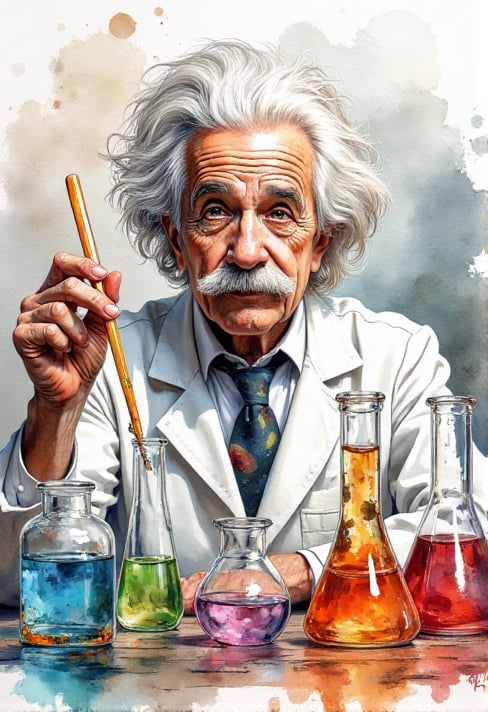 A watercolor ink illustration of Colonel Sanders as Einstein,  conducting an experiment. He stands in a medium shot,  surr...