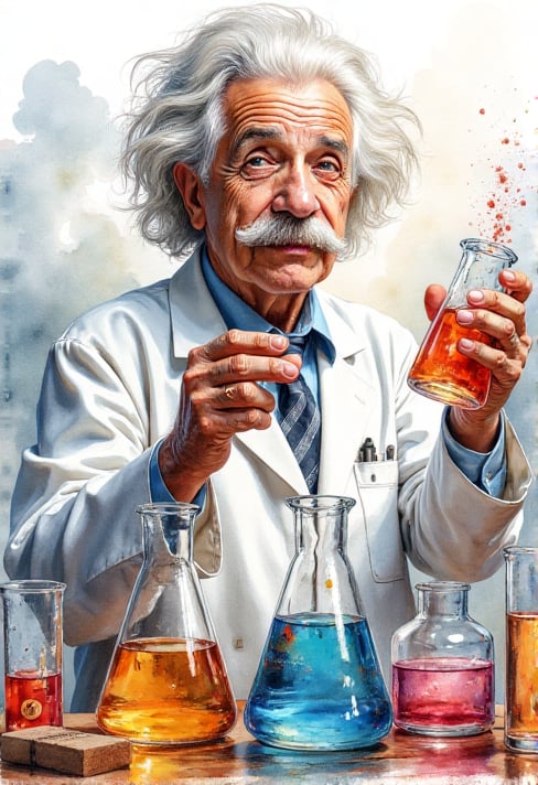 A watercolor ink illustration of Colonel Sanders as Einstein,  conducting an experiment. He stands in a medium shot,  surr...